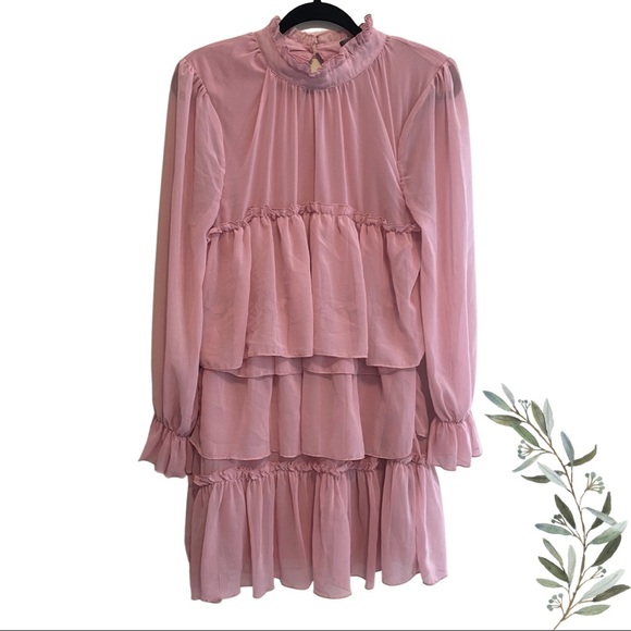 Missguided Pink Tiered Ruffle Long Sleeve Dress Size 6 - Picture 1 of 8